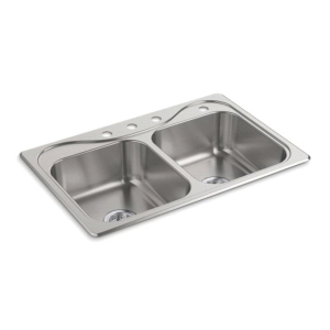 Sterling® 11400-4-NA Self-Rimming Kitchen Sink With SilentShield® Technology, Southhaven®, Satin, Rectangle Shape, 14 in Left, 14 in Right L x 15-1/8 in Left, 15-1/8 in Right W, 4 Faucet Holes, 33 in L x 22 in W x 6-1/2 in H, Top Mount