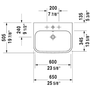 DURAVIT 2318650000 Happy D.2 Furniture Washbasin With Overflow and Faucet Deck, Rectangle Shape, 25-5/8 in L x 19-7/8 in W x 6-3/4 in H, Wall/Above-Counter Mount, Ceramic, White
