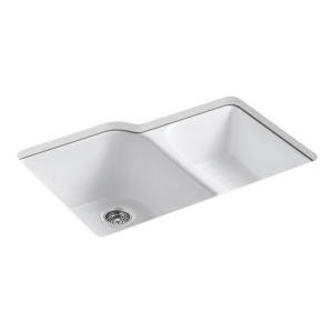 Kohler® 5931-4U-0 Executive Chef™ Kitchen Sink, White, Rectangular Shape, 16 in Left, 12 in Right L x 19 in Left, 17 in Right W x 9-3/4 in Left, 7-3/4 in Right D Bowl, 4 Faucet Holes, 33 in L x 22 in W x 10-5/8 in H, Undermount, Enameled Cast Iron