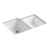 Kohler® 5931-4U-0 Executive Chef™ Kitchen Sink, White, Rectangular Shape, 16 in Left, 12 in Right L x 19 in Left, 17 in Right W x 9-3/4 in Left, 7-3/4 in Right D Bowl, 4 Faucet Holes, 33 in L x 22 in W x 10-5/8 in H, Undermount, Enameled Cast Iron