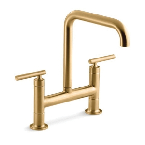Kohler® 7547-4-2MB K-7547-4 Purist® Bridge Kitchen Sink Faucet, 1.5 gpm Flow Rate, 8 in Center, 360 deg High-Arc Swivel Spout, Vibrant® Brushed Moderne Brass, 2 Handles