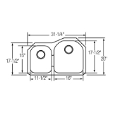 Elkay® EGUH3119L Offset Kitchen Sink, Harmony™, 11-1/2 in L x 15 in W x 8 in D Left Bowl, 16 in L x 17-1/2 in W x 8 in D Right Bowl, 31-1/4 in L x 20 in W x 8 in H, Undermount, 18 ga 304 Stainless Steel, Satin