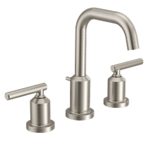 Moen® TV6142BN Gibson™ High Arc Bathroom Faucet, 1.2 gpm, 6 in H Spout, 8 to 16 in Center, Brushed Nickel, 2 Handles, Pop-Up Drain