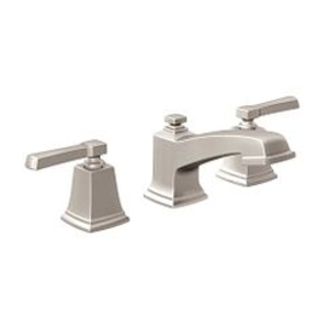 Moen® TV6220SRN Boardwalk™ Low Arc Bathroom Faucet, 1.2 gpm Flow Rate, 2-13/16 in H Spout, 8 to 16 in Center, Spot Resist™ Brushed Nickel, 2 Handles, Pop-Up Drain