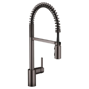 Moen® 5923BLS Align™ Pre-Rinse Spring Pulldown Kitchen Faucet, Commercial, 1.5 gpm Flow Rate, High-Arc Spout, Black/Stainless Steel, 1 Handle
