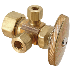 BrassCraft® CR1901LRX R1 Multi-Turn Dual Outlet Supply Angle Stop, 1/2 x 3/8 x 3/8 in Nominal, Compression, 125 psi, Brass Body, Rough Brass