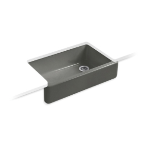 Kohler® 6489-58 Whitehaven® Self-Trimming® Self-Trimming Kitchen Sink with Tall Apron, Rectangular Shape, 21-9/16 in W x 9-5/8 in H, Undermount, Enameled Cast Iron, Thunder Grey
