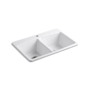 Kohler® 5846-1-0 Brookfield™ Kitchen Sink, White, Rectangular Shape, 14-3/16 in Left, 14-3/16 in Right L x 16-1/16 in Left, 16-1/16 in Right W x 9 in Left, 9 in Right D Bowl, 1 Faucet Hole, 33 in L x 22 in W x 9-5/8 in H, Top Mount, Enameled Cast Iron