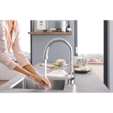 GROHE 30313000 Ladylux Cafe Foot Control Kitchen Faucet with Dual Spray, 1.75 gpm Flow Rate, StarLight® Polished Chrome, 1 Handle, 1 Faucet Hole, Function: Traditional, Residential