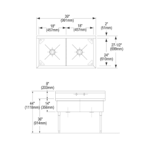 Elkay® WNSF82362 Scullery Sink, 39 in L x 27-1/2 in W x 44 in H, Floor Mount, 304 Stainless Steel, 2 Bowls, 8 in Faucet Hole Spacing, 8 in Backsplash