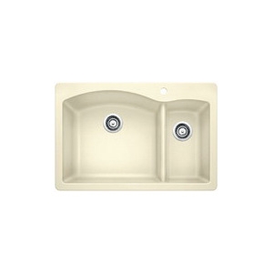 Blanco 440201 DIAMOND™ SILGRANIT® 1-1/2 Bowl Dual Mount Kitchen Sink, D-Shaped Shape, 1 Faucet Hole, 33 in W x 22 in H, Drop-In/Under Mount, Granite, Biscuit