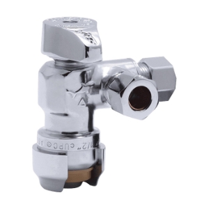 Sharkbite® 25558LF Dual Outlet Angle Stop, 1/2 x 3/8 x 3/8 in Nominal, Compression End Style, 200 psi Pressure, Brass Body, Polished Chrome