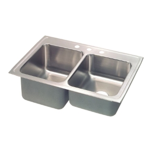 Elkay® STLR3322L3 Lustertone™ Classic Kitchen Sink, Rectangle Shape, 13-1/2 in Left, 13-1/2 in Right L x 16 in Left, 16 in Right W Bowl x 10 in Left, 7-1/2 in Right D Bowl, 3 Faucet Holes, 33 in L x 22 in W x 10-1/8 in H, Top Mounting, Stainless Steel