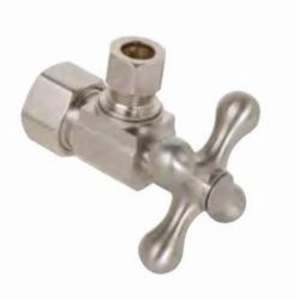 1/4 Turn Angle Stop Ball Valve With Cross Handle, 1/2 x 3/8 in Nominal, Compression, 125 psi, Brass Body, Satin Nickel, Domestic redirect to product page