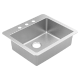 Moen® GS181723B High Quality Sink, Rectangle Shape, 25 in L 22 in W 8 in D Bowl, 3 Faucet Holes, 22 in W x 8 in D x 25 in L, Drop-In Mount, Stainless Steel