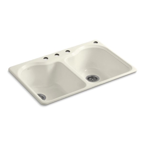 Kohler® 5818-4-96 Hartland® Kitchen Sink, Biscuit, Rectangular Shape, 14-1/8 in Left, 14-1/8 in Right L x 16-1/4 in Left, 16-1/4 in Right W x 9 in Left, 9 in Right D Bowl, 3 Faucet Holes, 33 in L x 22 in W x 9-5/8 in H, Top Mount, Enameled Cast Iron