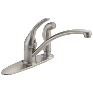 DELTA® B3310LF-SS Foundations® Kitchen Faucet with Integral Sprayer, 1.8 gpm Flow Rate, 8 in Center, Swivel Spout, Stainless, 1 Handle