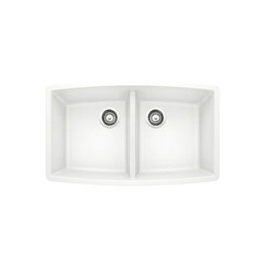 Blanco 440071 PERFORMA™ SILGRANIT® II Kitchen Sink, White, Rectangle Shape, 15 in Left, 15 in Right L x 18 in Left, 18 in Right W x 10 in Left, 10 in Right D Bowl, 33 in L x 20 in W, Under Mount, Solid Granite