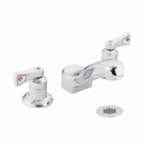 Moen® 8224 M-DURA™ Widespread Lavatory Faucet, 2.2 gpm Flow Rate, 4.2 in H Spout, 8 in Center, Polished Chrome, 2 Handles, Grid Drain