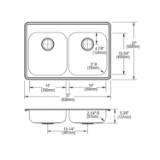 DAYTON® GE233220 Kitchen Sink, Satin, 14 in Left, 14 in Right L x 15-3/4 in Left, 15-3/4 in Right W Bowl x 5-1/4 in Left, 5-1/4 in Right D Bowl, 33 in L x 22 in W x 5-3/8 in H, Top Mounting, Stainless Steel