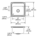 Elkay® BLR151 Bar Sink, Lustertone™, Lustrous Satin, Squared Shape, 12 in L x 9-1/4 in W x 7 in D Bowl, 1 Faucet Hole, 15 in L x 15 in W x 7-1/8 in H, Top Mount, 18 ga 304 Stainless Steel