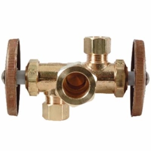 BrassCraft® CR1901DVX R Multi-Turn Dual Outlet/Dual-Shut-Off Angle Stop, 1/2 x 3/8 x 3/8 in Nominal, Compression, 125 psi, Brass Body, Rough Brass