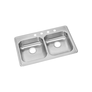 DAYTON® GE233220 Kitchen Sink, Satin, 14 in Left, 14 in Right L x 15-3/4 in Left, 15-3/4 in Right W Bowl x 5-1/4 in Left, 5-1/4 in Right D Bowl, 33 in L x 22 in W x 5-3/8 in H, Top Mounting, Stainless Steel