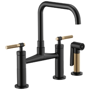 Brizo® 62553LF-BLGL Litze® Widespread Bridge Kitchen Faucet with Matching Side Spray, 1.8 gpm Flow Rate, 8 in Center, Square Spout, Matte Black/Luxe Gold, 2 Handles