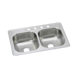 DAYTON® DSE233220 Kitchen Sink, Elite Satin, Rectangle Shape, 14 in Left, 14 in Right L x 15-3/4 in Left, 15-3/4 in Right W Bowl x 7-7/8 in Left, 7-7/8 in Right D Bowl, 33 in L x 22 in W x 8-1/16 in H, Top Mounting, 300 Stainless Steel