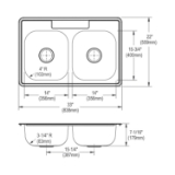 DAYTON® DD233220 Kitchen Sink, Satin, 14 in Left, 14 in Right L x 15-3/4 in Left, 15-3/4 in Right W Bowl x 6-7/8 in Left, 6-7/8 in Right D Bowl, 33 in L x 22 in W x 7-1/16 in H, Top Mounting, 300 Stainless Steel