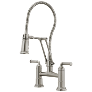 Brizo® 62174LF-SS Rook® Articulating Bridge Faucet With Finished Hose, Commercial, 1.8 gpm Flow Rate, 8 in Center, 360 deg Swivel Spout, Stainless Steel, 2 Handles