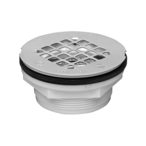 101 No Caulk Shower Drain With Stainless Steel Strainer, 2 in, 4-1/4 in Stainless Steel Grid, PVC Drain, Import redirect to product page