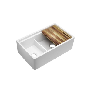 Elkay® SWUF3320WH Explore™ Traditional Farmhouse Apron Front Kitchen Sink with Aqua Divide, Explore™, Rectangle Shape, 20 in W x 10-1/8 in H, Fireclay, White