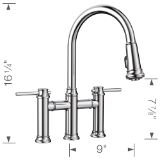 Blanco 442504 Empressa Bridge Faucet With Dual Spray, 1.5 gpm Flow Rate, Polished Chrome, 1 Handle, 3 Faucet Holes, Function: Traditional