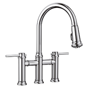 Blanco 442504 Empressa Bridge Faucet With Dual Spray, 1.5 gpm Flow Rate, Polished Chrome, 1 Handle, 3 Faucet Holes, Function: Traditional