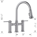 Blanco 442505 Empressa Bridge Faucet With Dual Spray, 1.5 gpm Flow Rate, Stainless, 1 Handle, 3 Faucet Holes, Function: Traditional