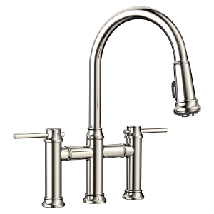 Blanco 442506 Empressa Bridge Faucet With Dual Spray, 1.5 gpm Flow Rate, Polished Nickel, 1 Handle, 3 Faucet Holes, Function: Traditional