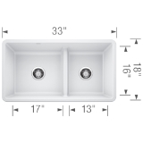 Blanco 442524 PRECIS™ SILGRANIT® Low Divide 1-3/4 Bowl Composite Sink, White, Rectangle Shape, 17 in Left, 13 in Right L x 16 in Left, 16 in Right W x 9-1/2 in Left, 9-1/2 in Right D Bowl, 33 in L x 18 in W, Undermount, Granite