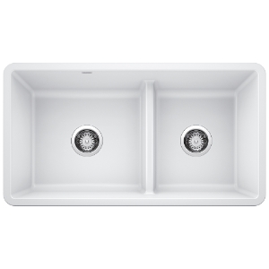 Blanco 442524 PRECIS™ SILGRANIT® Low Divide 1-3/4 Bowl Composite Sink, White, Rectangle Shape, 17 in Left, 13 in Right L x 16 in Left, 16 in Right W x 9-1/2 in Left, 9-1/2 in Right D Bowl, 33 in L x 18 in W, Undermount, Granite