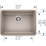 Blanco 442540 PRECIS™ SILGRANIT® Composite Sink, Truffle, Rectangle Shape, 23 in L x 16 in W x 5 in D Bowl, 25 in L x 18 in W x 5-1/2 in H, Undermount, Granite
