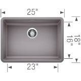 Blanco 442545 PRECIS™ SILGRANIT® Composite Sink, Metallic Gray, Rectangle Shape, 23 in L x 16 in W x 5 in D Bowl, 25 in L x 18 in W x 5-1/2 in H, Undermount, Granite