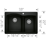 Blanco 442908 DIAMOND™ 1-3/4 Offset Bowl Dual-Mount Kitchen Sink, Rectangular Shape, 1 Faucet Hole, 33 in L x 22 in W x 9.866 in H, Drop-In/Undermount, SILGRANIT®, Coal Black