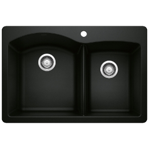 Blanco 442908 DIAMOND™ 1-3/4 Offset Bowl Dual-Mount Kitchen Sink, Rectangular Shape, 1 Faucet Hole, 33 in L x 22 in W x 9.866 in H, Drop-In/Undermount, SILGRANIT®, Coal Black