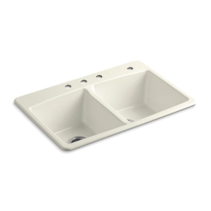 Kohler® 5846-4-96 Brookfield™ Kitchen Sink, Biscuit, Rectangular Shape, 14-3/16 in Left, 14-3/16 in Right L x 16-1/16 in Left, 16-1/16 in Right W x 9 in Left, 9 in Right D Bowl, 4 Faucet Holes, 33 in L x 22 in W x 9-5/8 in H, Top Mount, Enameled Cast Iron