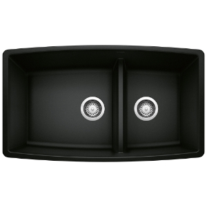 Blanco 442939 PERFORMA® 1-3/4 Low Divide Medium Offset Bowl Kitchen Sink, Coal Black, Rectangular Shape, 18 in Left, 12 in Right L x 17-1/2 in W x 10 in D Bowl, 33 in L x 19 in W x 10.366 in H, Undermount, SILGRANIT®