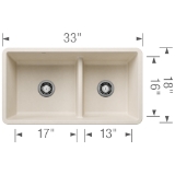 Blanco 443080 PRECIS SILGRANIT® Low divide 1-3/4 Sink, Soft White, Rectangle Shape, 17, 13 in W Bowl x 16 in D Bowl, 33 in W x 18 in D, Undermounting, Granite