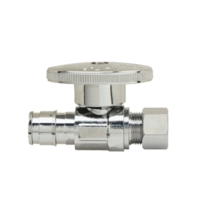 PlumbShop® RELIABLE VALUE™ PLB207X P Straight Quarter-Turn Supply Ball Stop, 1/2 x 3/8 in Nominal, Cold Expansion PEX Barb x OD Compression, 125 psi, Brass Body, Polished Chrome