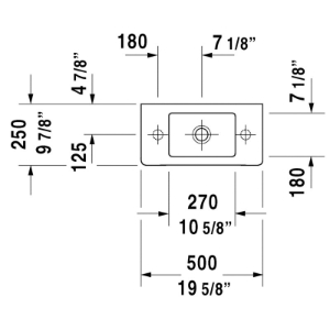 DURAVIT 0703500008 Vero® Furniture Handrinse Basin With Overflow and Faucet Deck, Rectangle Shape, 19-5/8 in L x 9-7/8 in W x 5-7/8 in H, Wall/Above-Counter Mount, Ceramic, White