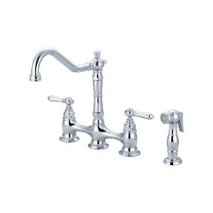 Pioneer 2AM501 Bridge Kitchen Faucet With Side Spray, Americana, 1.5 gpm Flow Rate, 8 in Center, 360 deg Swivel Spout, Polished Chrome, 2 Handles