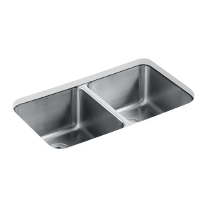 Kohler® 3171-HCF-NA Undertone® Kitchen Sink, Rectangular Shape, 14 in Left, 14 in Right L x 15-3/4 in Left, 15-3/4 in Right W x 9-1/2 in Left, 9-1/2 in Right D Bowl, 31-1/2 in L x 18 in W x 9-3/4 in H, Undermount, Stainless Steel